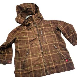Quiksilver Packable Hooded Rain Jacket Zip Windbreaker 2T Brown Plaid Y2K Skater